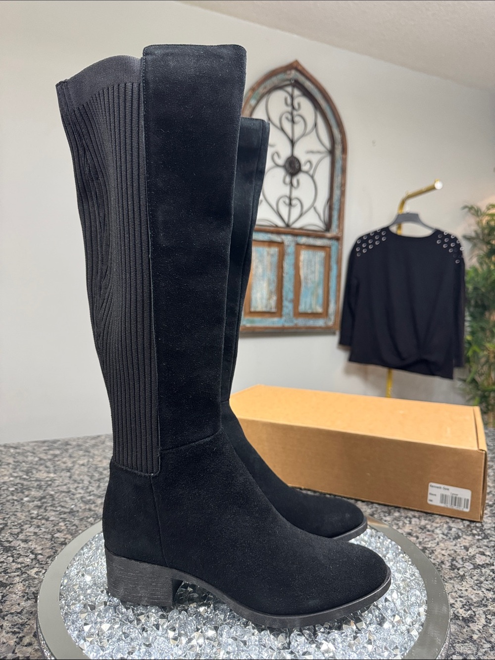 Kenneth Cole Black leather suede tall Stretch Boots NEW 8